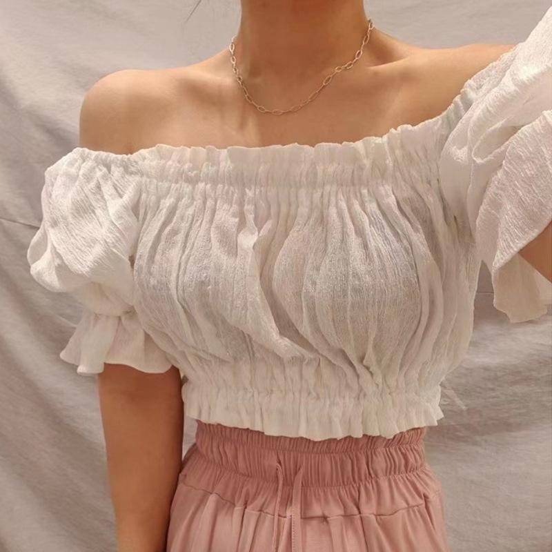 Korean Ruffled Off-Shoulder Puff Sleeve Lace Cropped Top
