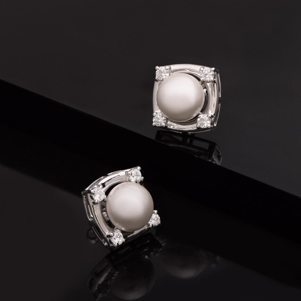 Pearl Square Shape Women Wedding Stud - 925 Sterling Silver