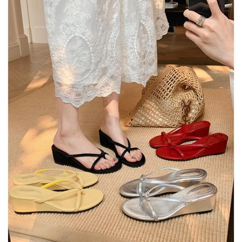 New Heel Height 6cm~ Silver Toe Outer Wear Temperament Beautiful Thin Belt Slope Heel Cool Slippers Summer