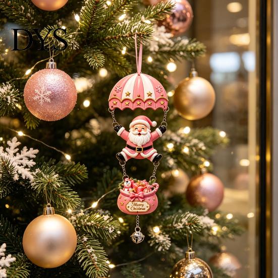 Holiday Wall Hanging Decor Christmas Skydiving Santa Claus/Gingerbread Man Ornament, 2D Flat Wooden Pendant with Festive Tree Pendants String and Bell