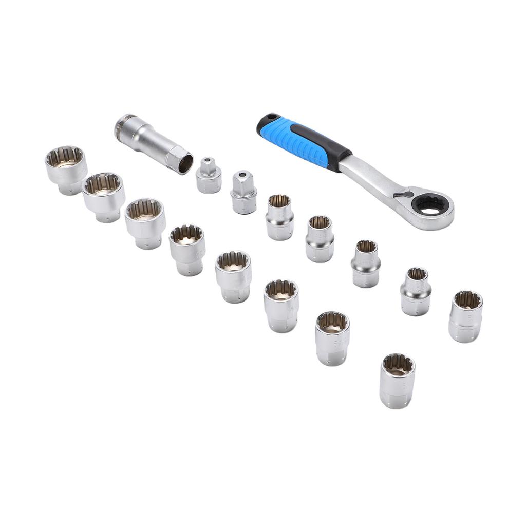 17Pcs Pass Through Socket Set 3 8in 1 2in Drive Metric Sockets with 2 in 1 72 Tooth Ratchet Cr V Steel