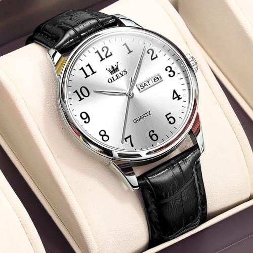OLEVS Men's Watch, Simple and Stylish, Waterproof, Analog, Black Leather Strap, Business Watch, Easy To Read, Date Display, Quartz Movement, Perfect G