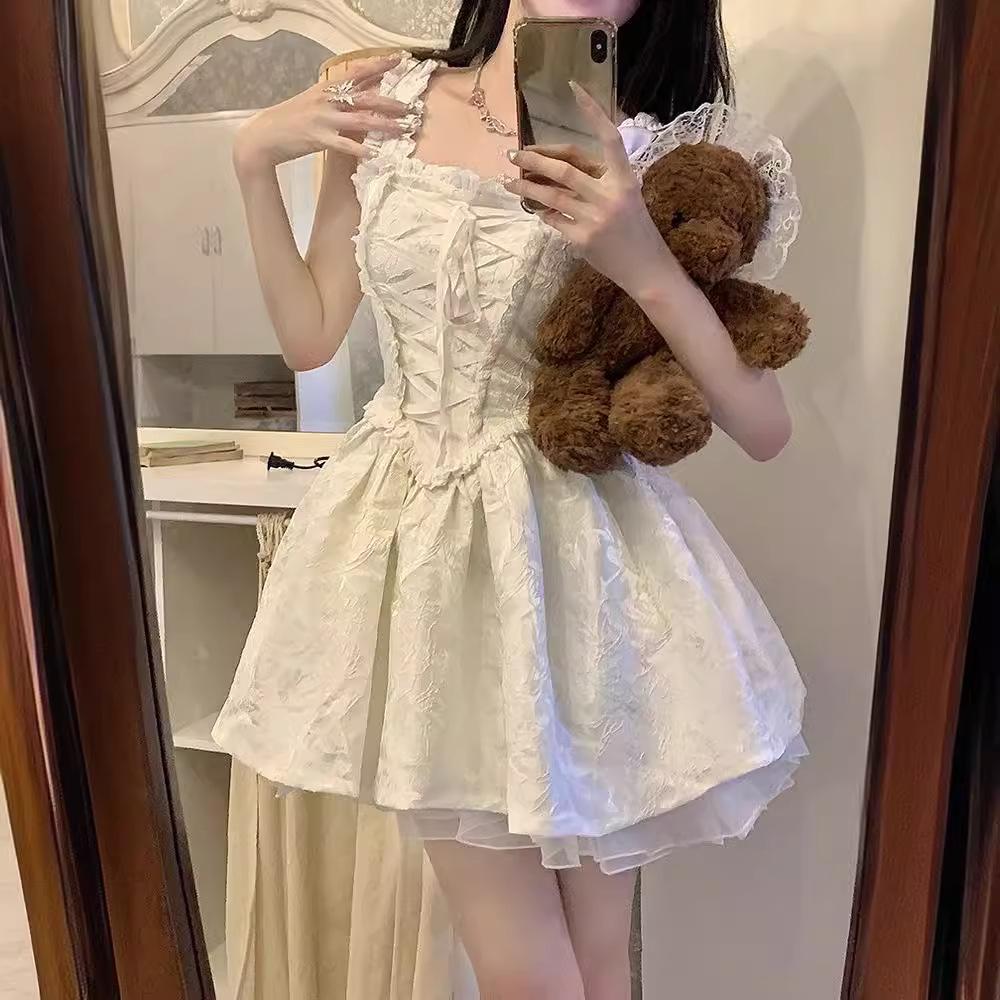 QICED Curea Jacquard Relief Rochie Albă Mică Rochie Prințesă Pompadour Rochie Pură Dorință De Curea Bărbat Mic