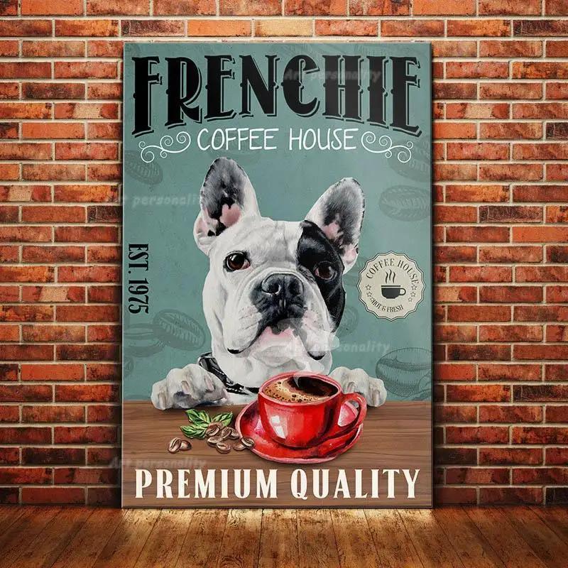 French Bulldog Coffee Club Dogs Metal Sign Funny Fries Tin Poster Home Decor Bar Wall Art Painting Dog Lover Poster xinch