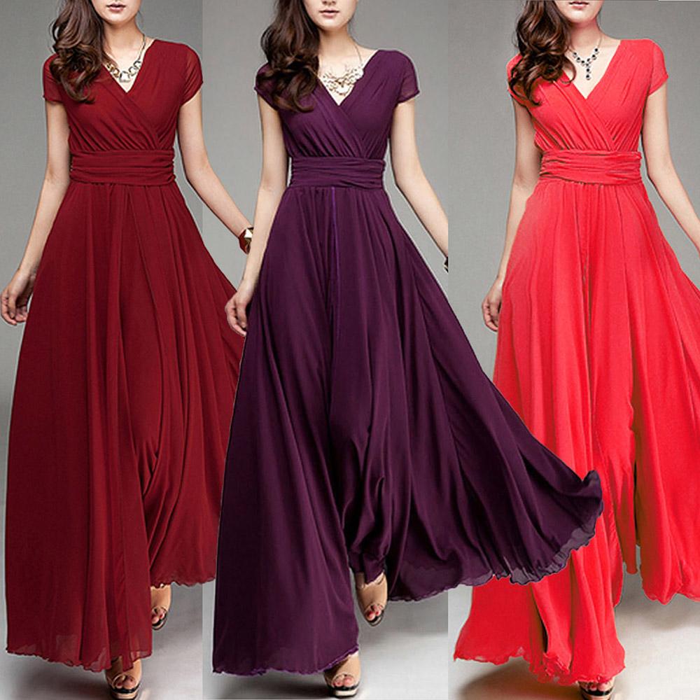 נשים בגדי נשים שרוולים קצרים סקסי מועדון Boho שמלת חוף ליידי קיץ מסיבת צוואר V עמוק עמוק שמלת מקסי נשים