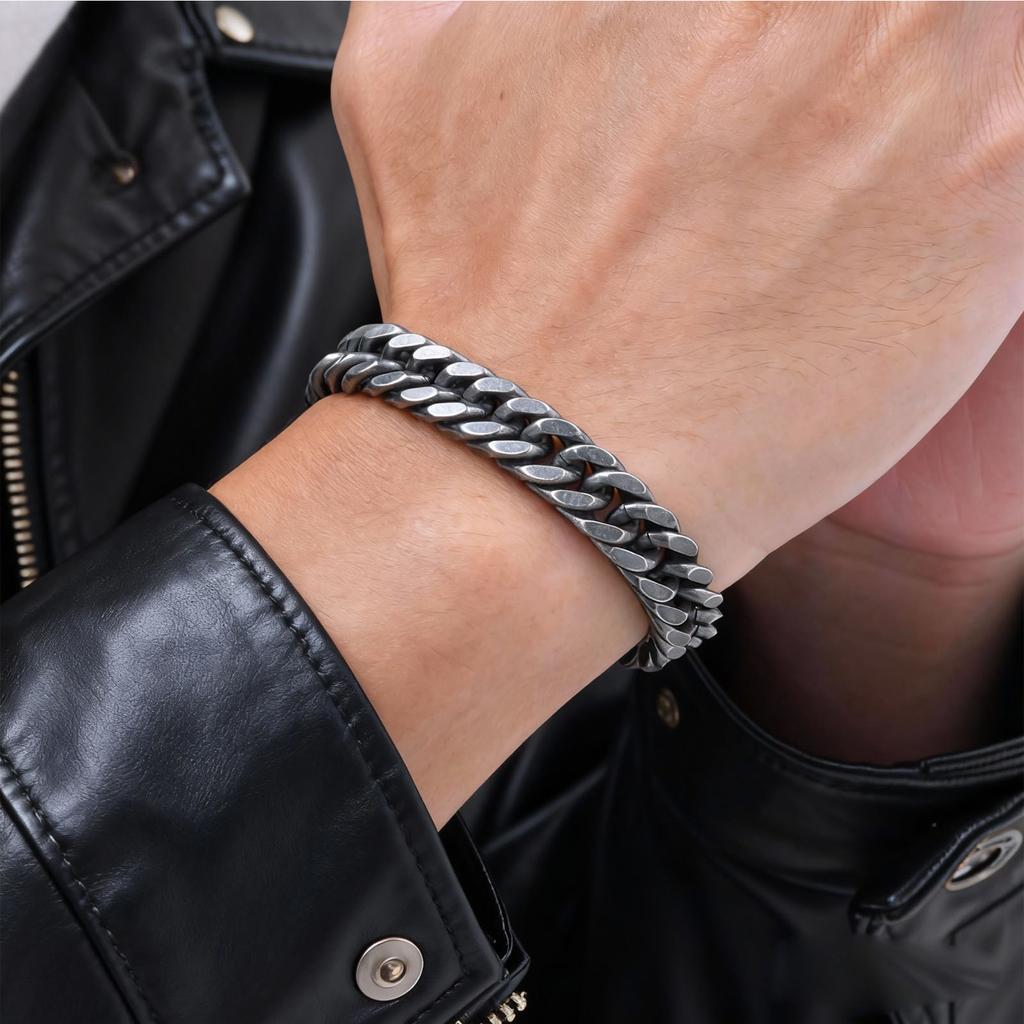 Vintage Men's Chunky Chain Bracelets,8/10/12mm Retro Grey Stainless Steel Cuban Chain Wristband,Rock Punk Classic Jewelry Gifts