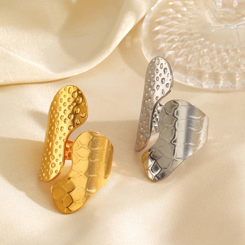 Stainless Steel Metal Wide Open Rings For Women Exaggerated Gold Color Texture Geometric Line Ring Jewelry Gifts