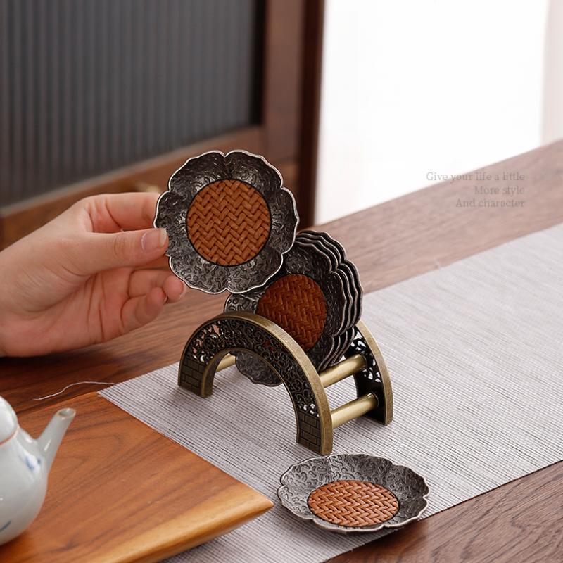 Chiński Antyczny Stop Srebra Podstawka pod Szklankę Mata Bambusowa Izolacja Cieplna Taca pod Filiżankę Chiński Zestaw do Herbaty Kung Fu Gongfu Akcesoria Naczynia do Herbaty