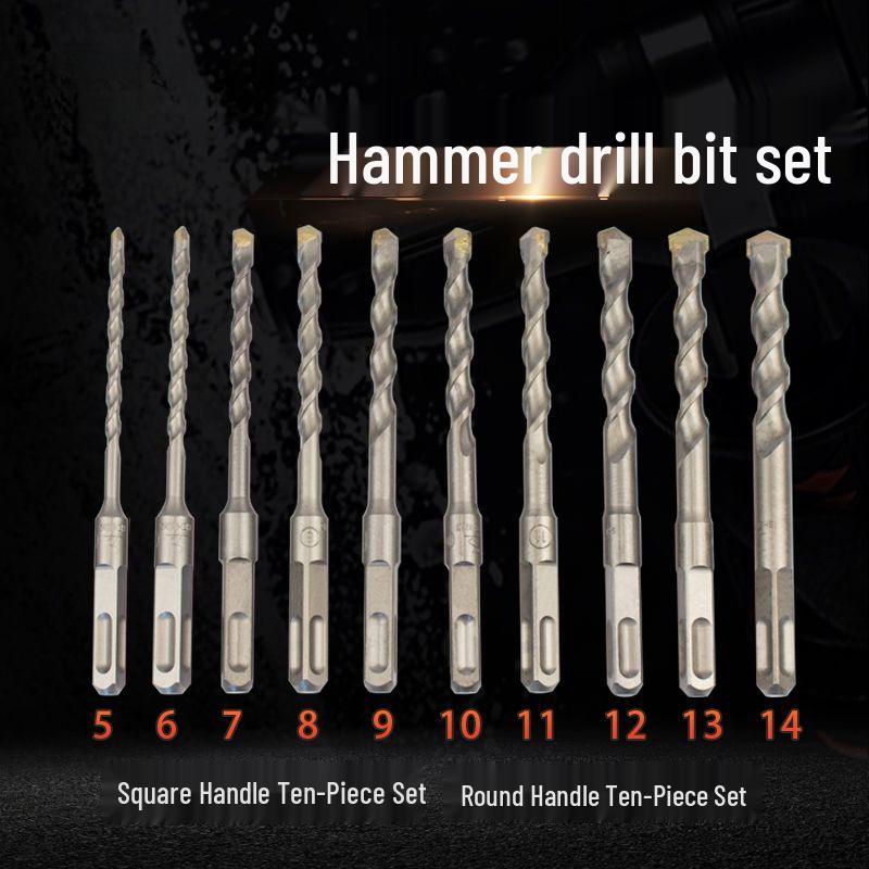 10-Piece Electric Hammer Drill Bit Set, Square & Round Shank (Sizes 4-14)