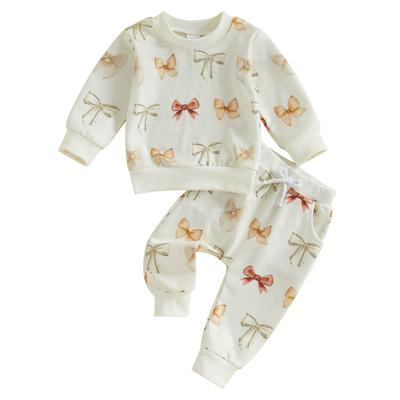 Baby Girls 2-piece Outfit, Bow Print Long Sleeve Crew Neck Sweatshirt with Elastic Waist Sweatpants Fall Clothes