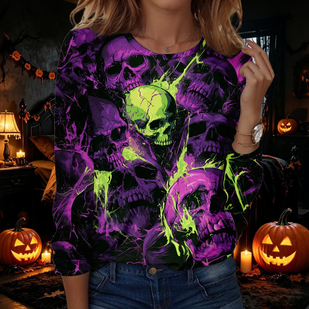 Women's Halloween Printed Long Sleeve Neck Pullover Top