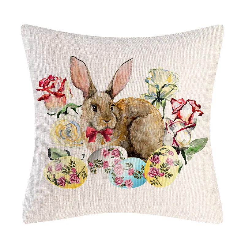 Happy Easter Cushion Cover Bunny Eggs Printed Pillow Cover Easter Rabbit Printed Pillowcase Home Decorative Throw Pillow Case