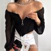 Women Off Shoulder Corset Top Long Sheer Mesh Sleeve Zip Front Blouse