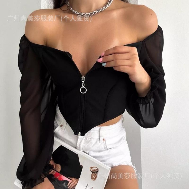 Women Off Shoulder Corset Top Long Sheer Mesh Sleeve Zip Front Blouse
