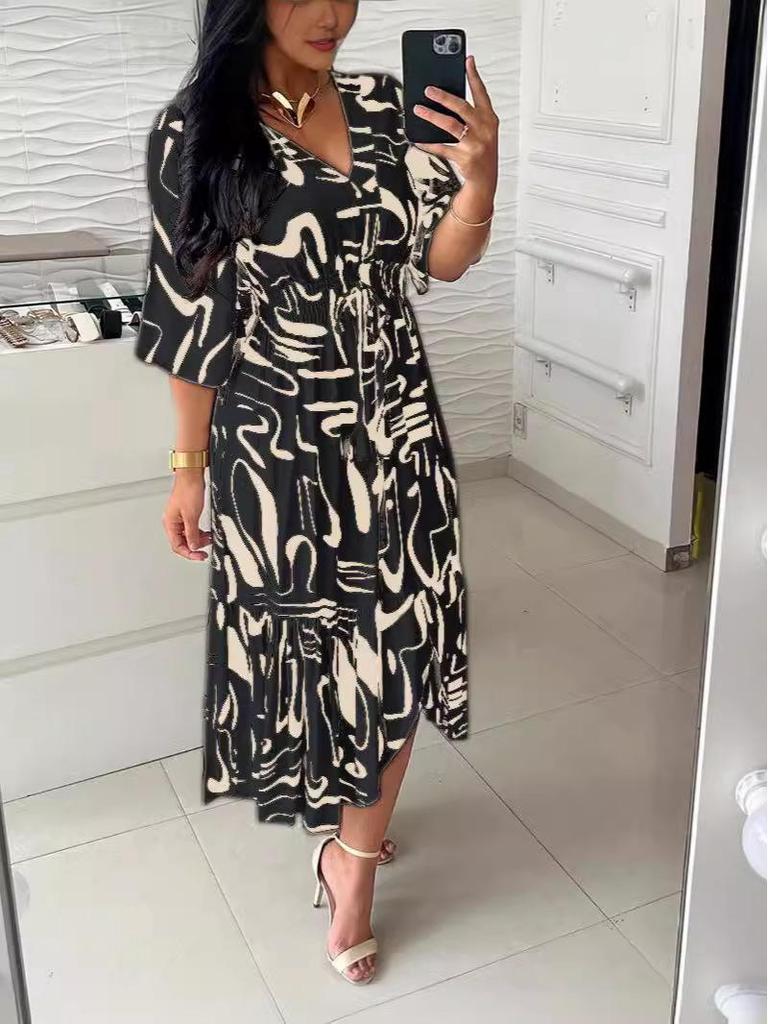 2024 European V-Neck High Waist Ruffle Slit Dress with Flared Sleeves