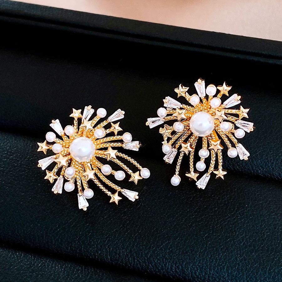 18k electroplated Korean zircon fireworks pearl earrings light luxury stud earrings exquisite earrings women