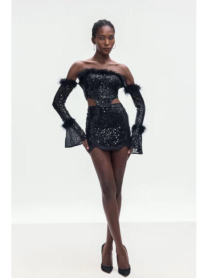 Plush Sequin Off-Shoulder Sexy Set: Long-Sleeve Top & Hip-Hugging Mini Skirt