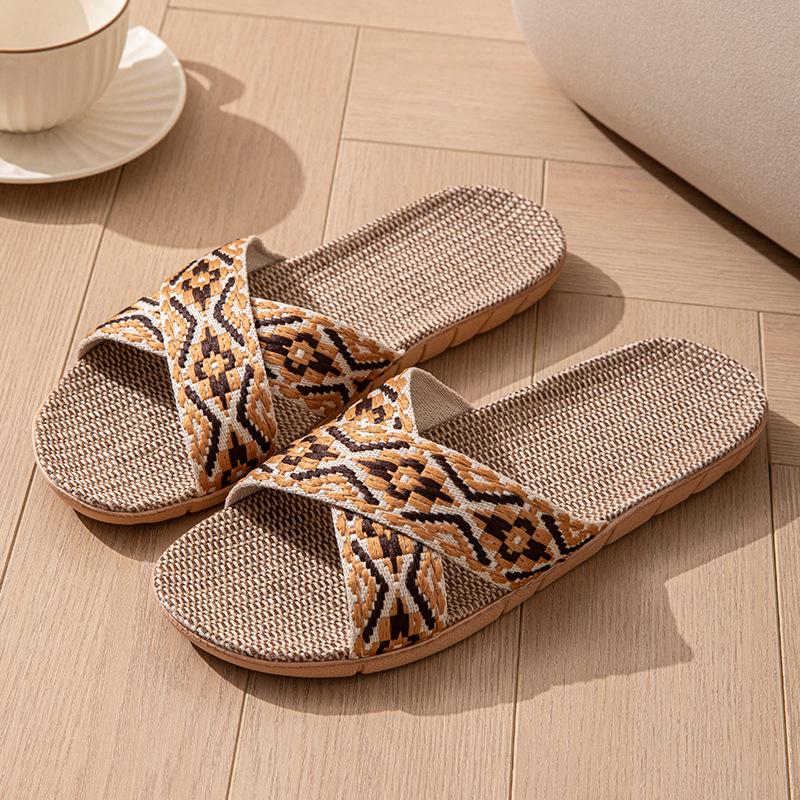 

Унисекс льняные шлепанцы с открытым носком и перекрестными ремешками для всех сезонов 40-41 кофейный