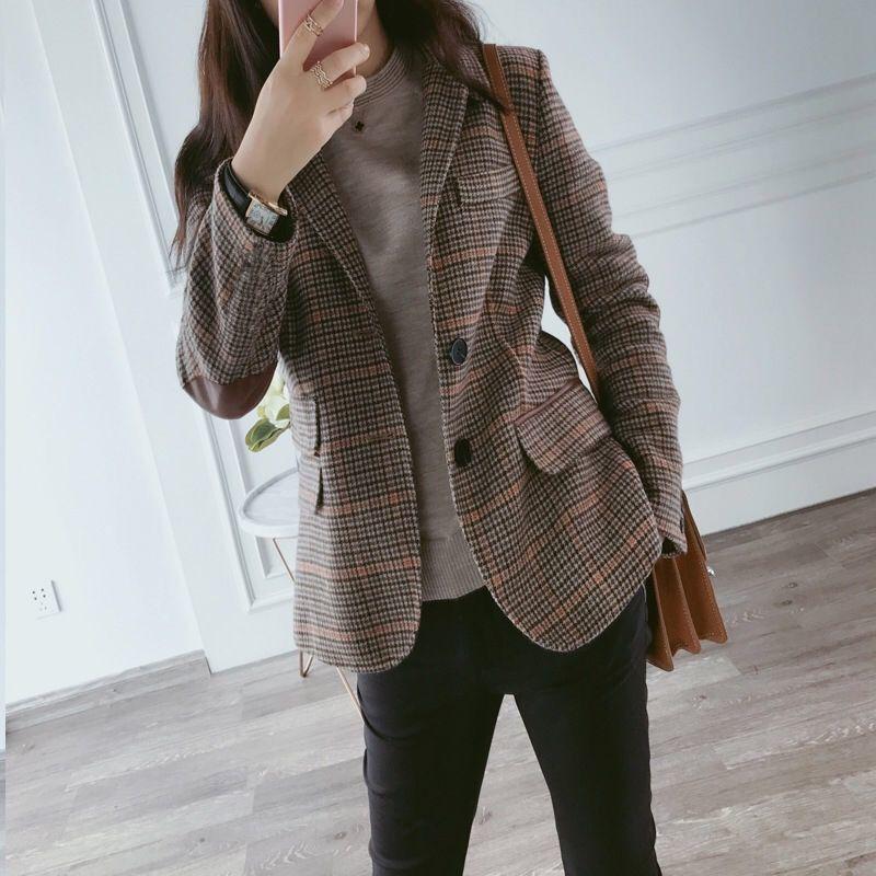 2024 Spring/Autumn Women's Plus Size Retro Plaid Wool Blazer – Short Korean Style Suit