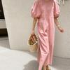 Johnature French Vintage Balloon Sleeve Crew Neck Dress Women Summer Korean Loose Casual Dresses