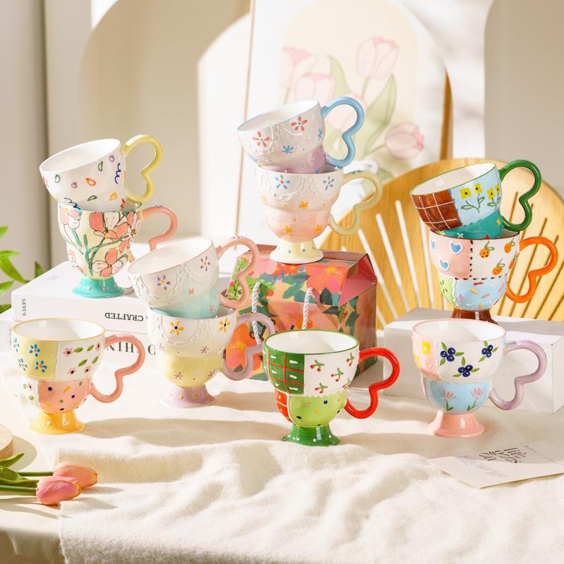 Hand-Painted Relief Household Ceramic Cup Drinking Cup Design Sense Coffee Cute Milk Cup Ceramic Cup