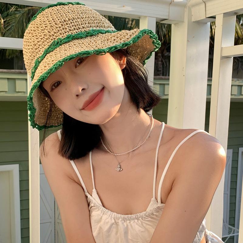Straw Bucket Hat Women's Summer Hollow Breathable Straw Hat Summer Sun Hat Big Head Circumference Sun Protection Bucket Hat Tide