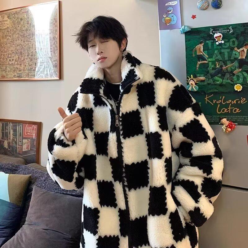 2025 Men's Korean Style Checkered Lambswool Coat for Autumn/Winter: Loose, Versatile, High-End Warmth