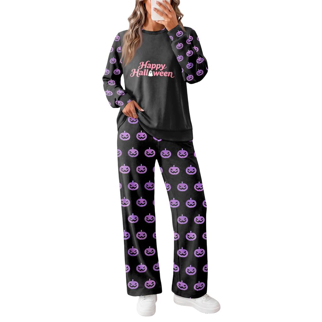 Women's Halloween Print Hoodie and Jogger Pants Set, Round Neck Loose Fit Casual Sweatsuit