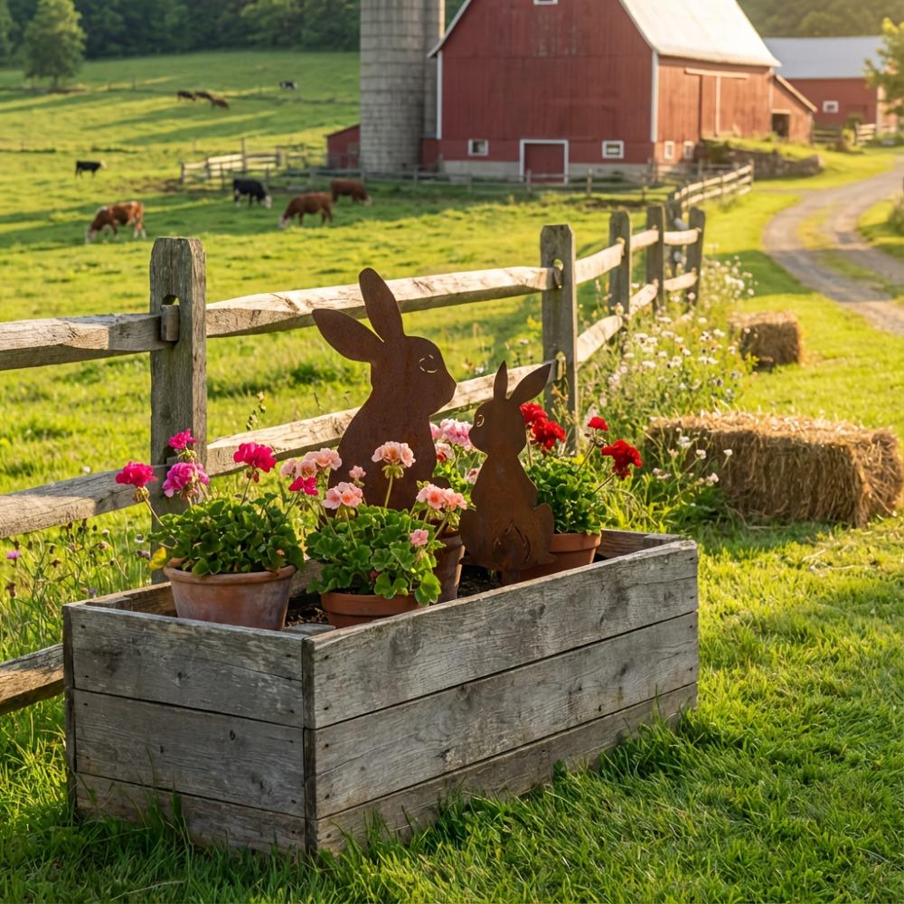 2PCS Rustic Metal Rabbit Garden Stakes Easter Yard Art Lawn Decor