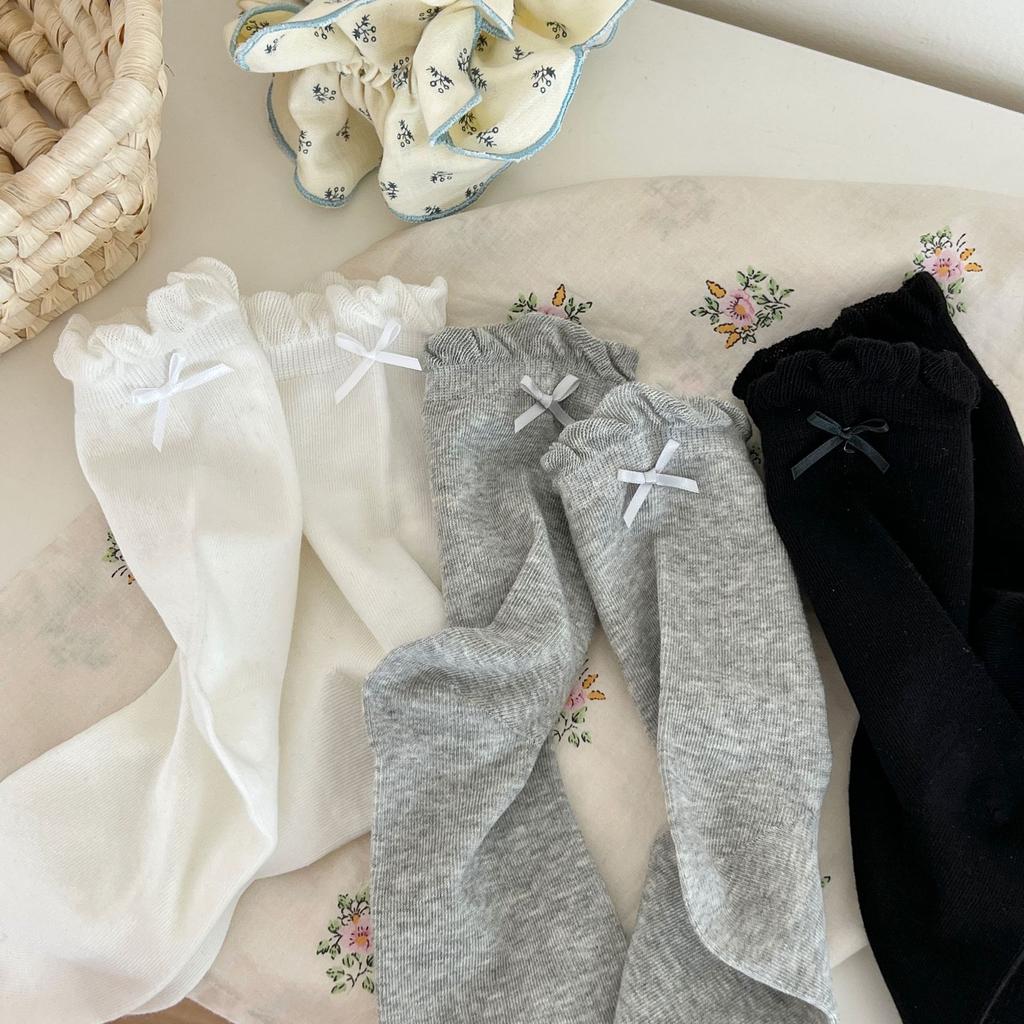 Bow Lace Socks Simple Mid-Tube Girl Sweet And Versatile Breathable Black White Gray Basic Daily Life