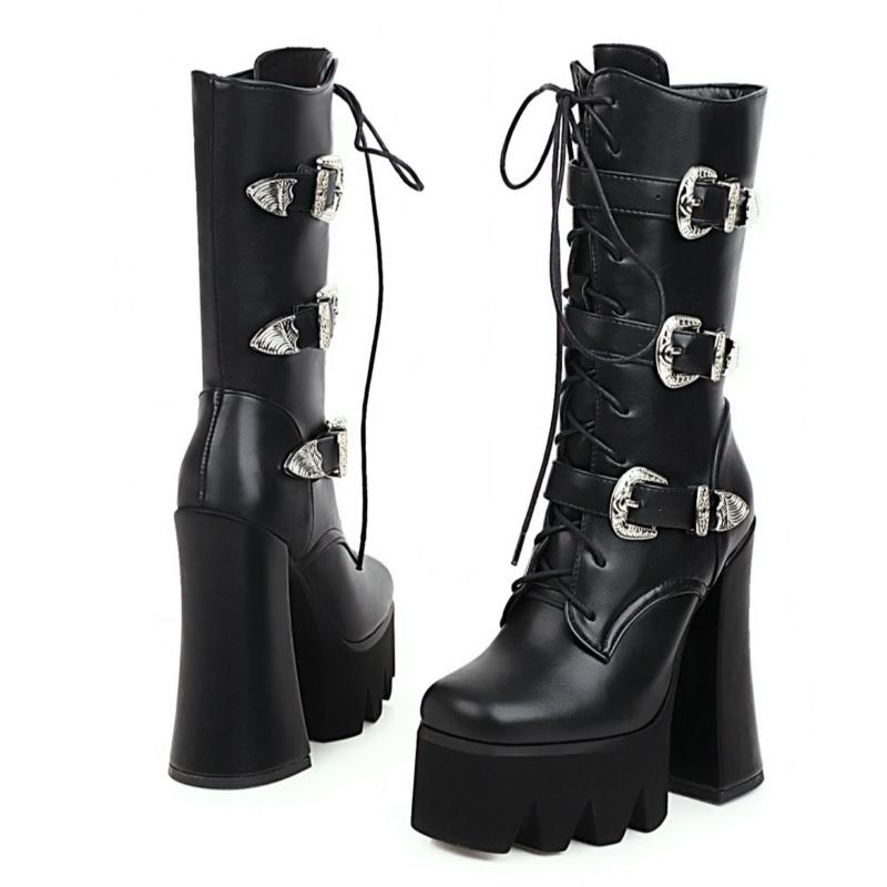 Sexy Punk Combat Boots Women Leather Platform 2024 Autumn Fashion Rubber Gothic Thick Heels Mid-calf Boot Women Large Size 48