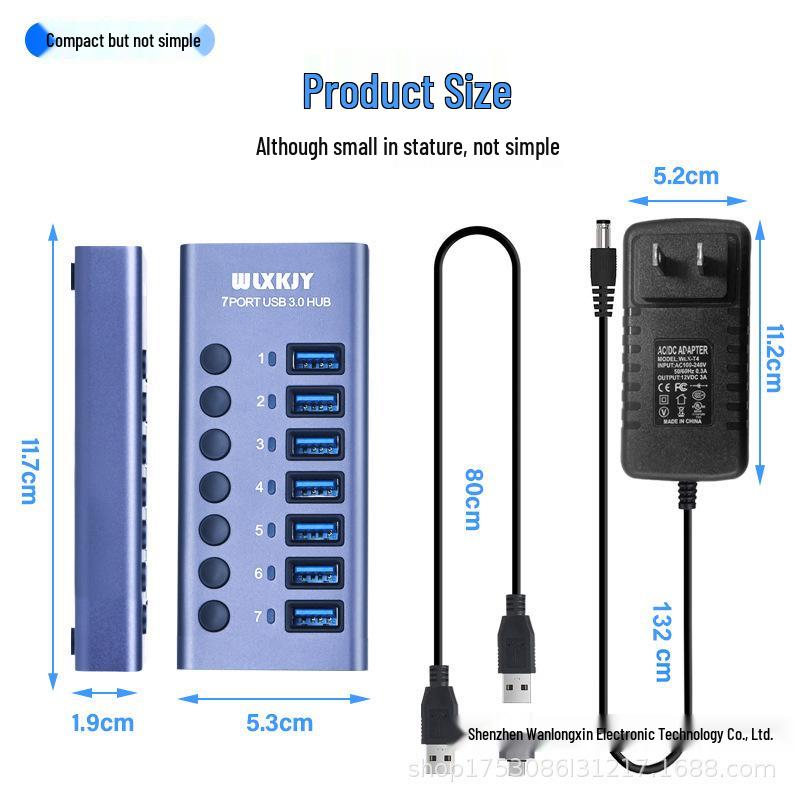 Aluminum 10-Port USB 3.0 Hub with Independent Switches and High Power Splitter