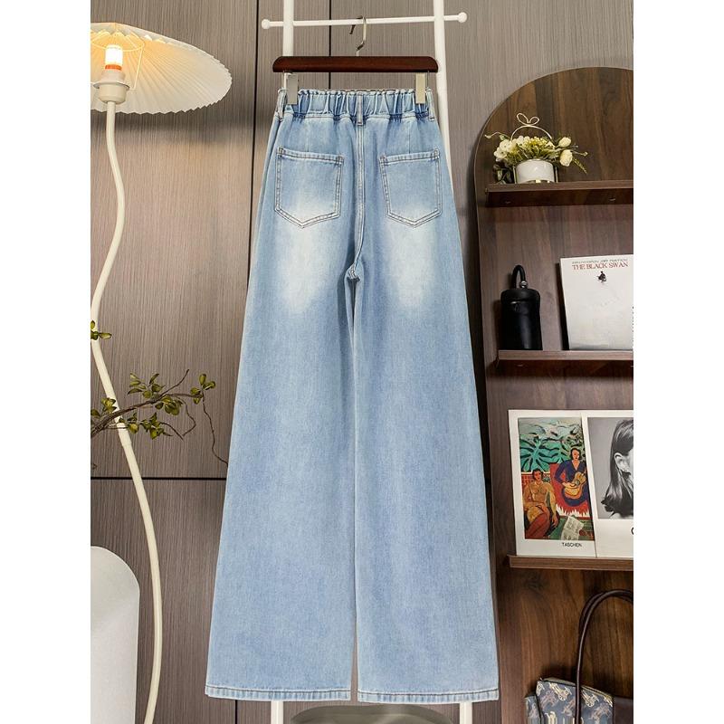 DIMANAF 2025 Plus Size Autumn Blue Basic Elastic Jeans Wide-leg Pants Women Loose Denim Trousers Big Casual Pants 6XL