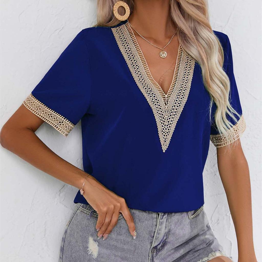 QICED Damenmode, lässig, Sommer, einfarbig, kurzärmelig, V-Ausschnitt, Blusen und Hemden