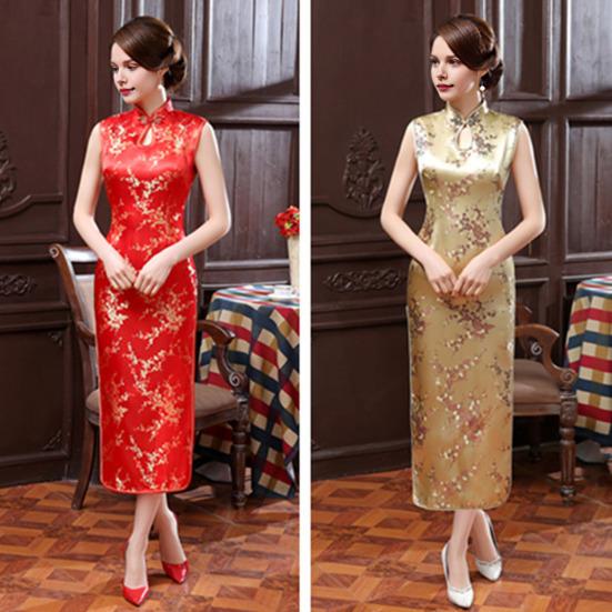 Ženy Léto Cheongsam Stojánek Límec Květinový potisk Dutý Rozdělený lem Bez rukávů Qipao Slim Fit Retro Čínský styl Délka do půli lýtek Svatba