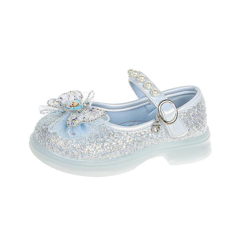 Girls' leather shoes with lights 2025 spring and autumn new children's bow rhinestone princess shoes baby girl soft sole single shoes tide