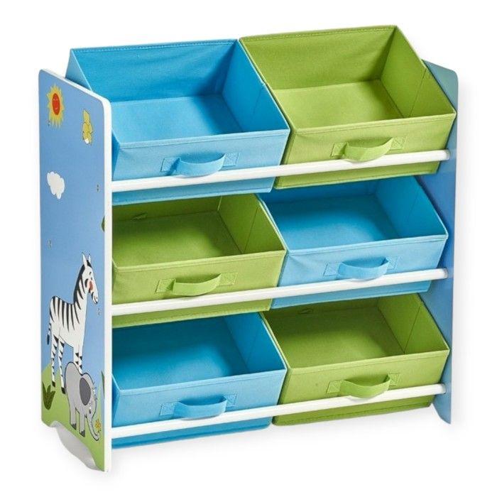 Organiseur à Jouets Enfant GINGER HOME SAVANNA, Étagère avec Bacs de Rangement, Bois MDF, 63x30x60 cm, Thème Safari Girafe et Zèbre