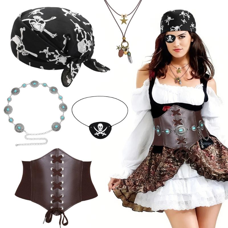 Pirate Costume Accessories Pirate Hat,Medieval Corset Eye Patches Waist Belt Necklace Halloween Pirate Queen Outfits