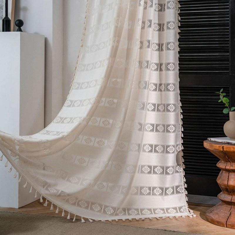 

America Beige Cotton Hollow Lattice Window Curtain Valance The Luxury Living Room Easy Drape Curtains Bedroom Balcony Art Drapes W150 x H160cm&Threading Rod