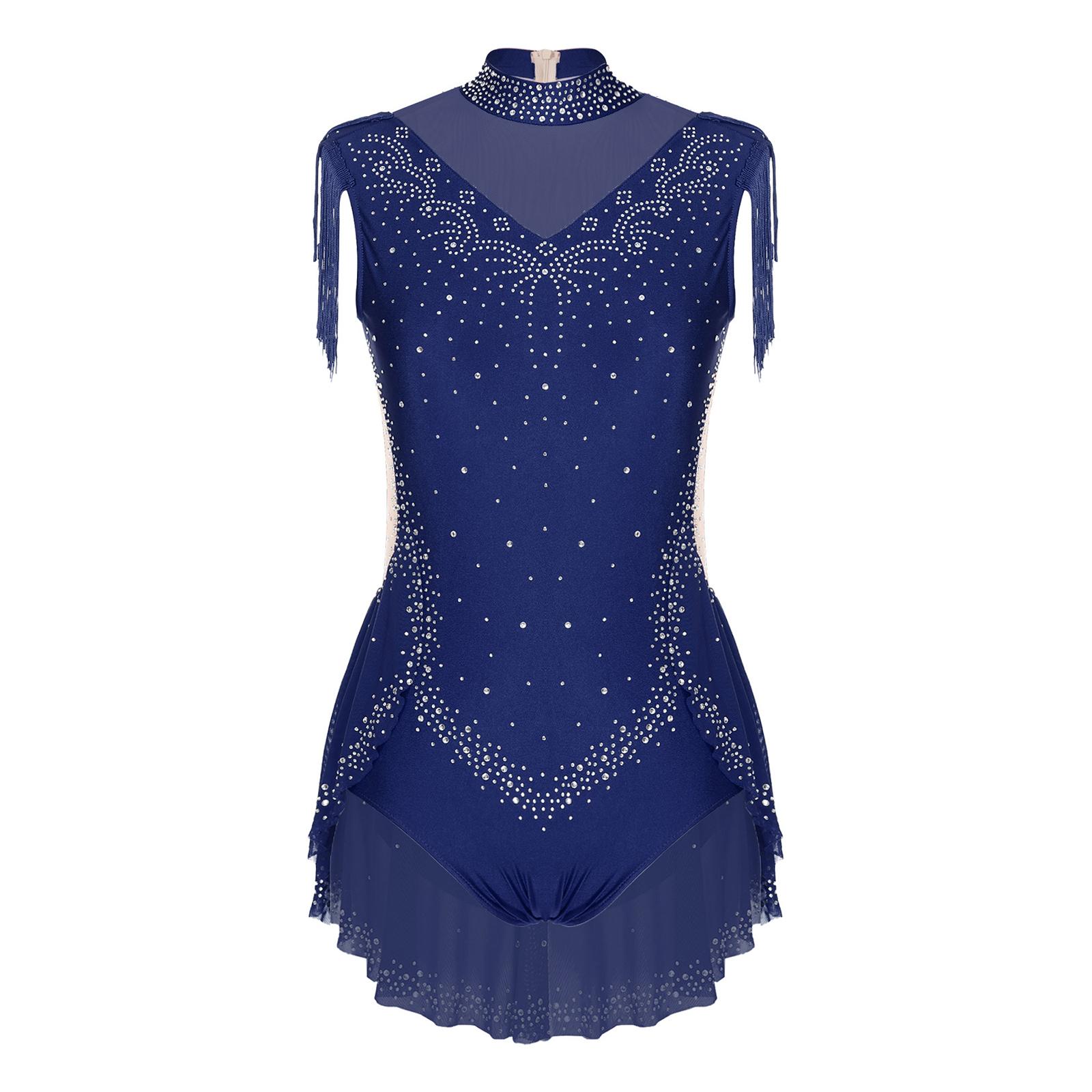 

Жіночий блискучий танцювальний боді з прозорою сіткою, імітацією горловини та стразами, з спідницею, для виступів S