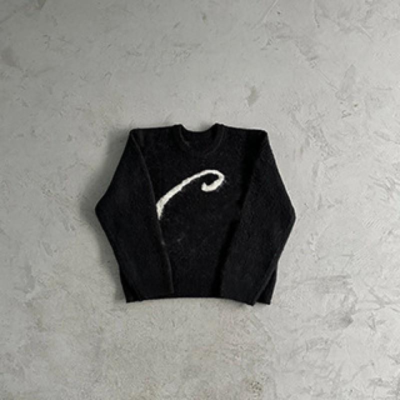 Mens Streetwear Knit Cardigan With Embroidered Letter Stand Collar Zip-Up Sweater Loose Fit