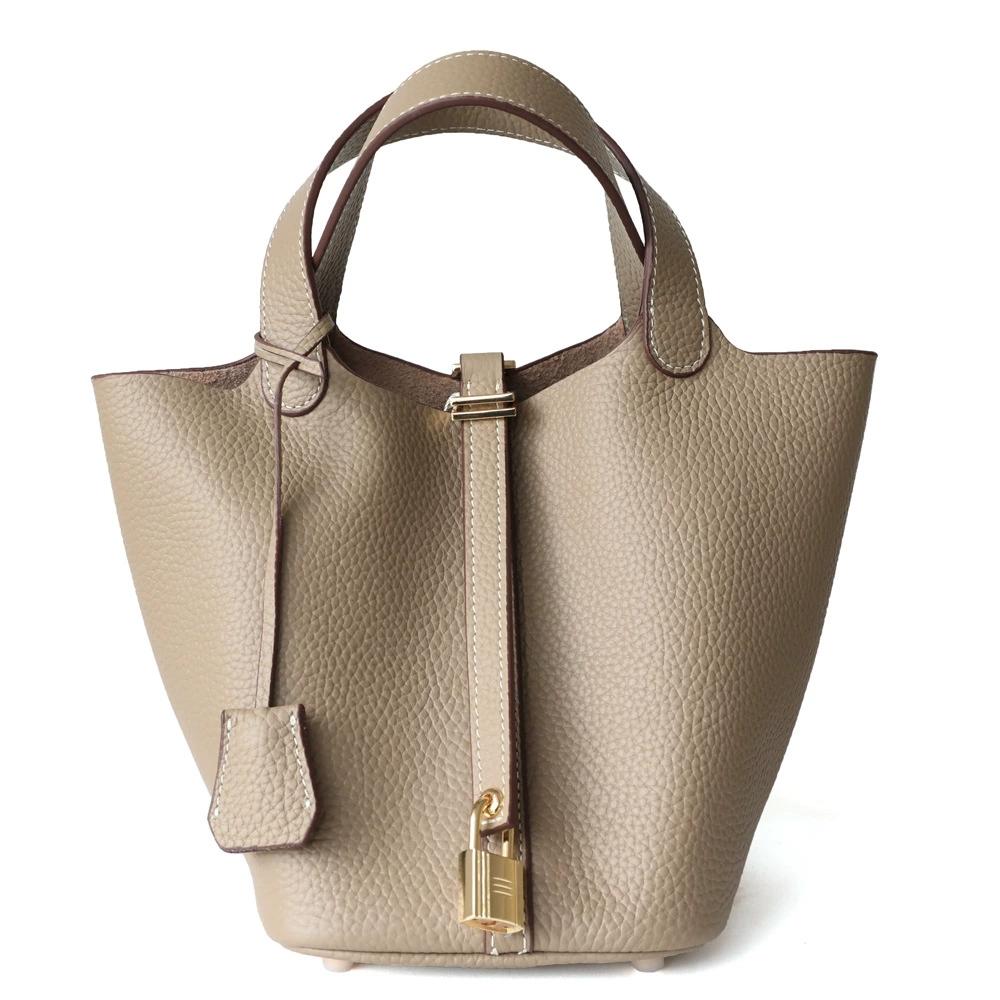 Genuine Leather Women's Bucket Bag Large Capacity Vegetable Top-handle Basket Bag No Logo