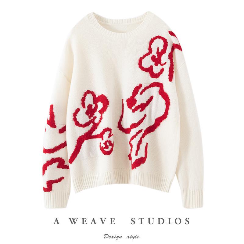 Zodiac Year Red Pure Wool Sweater - Round Neck, Thick Knit with Inlaid Cashmere for New Year and Spring Festival