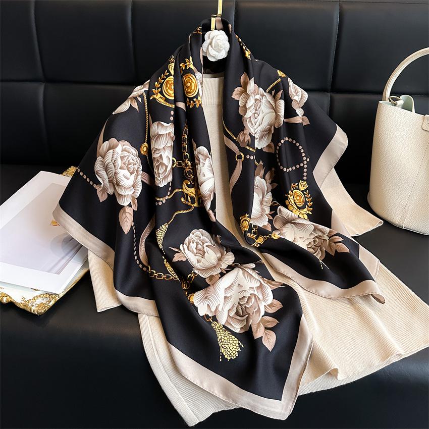Women's Retro Twill Silk Scarf - 90cm Versatile Shawl for Travel & Sun Protection