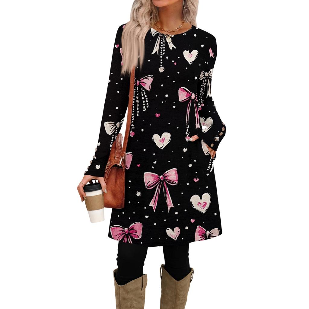 Women's Fashion Casual Pocket Decorative Button Dress Round Neck Long Sleeve Printed Dress