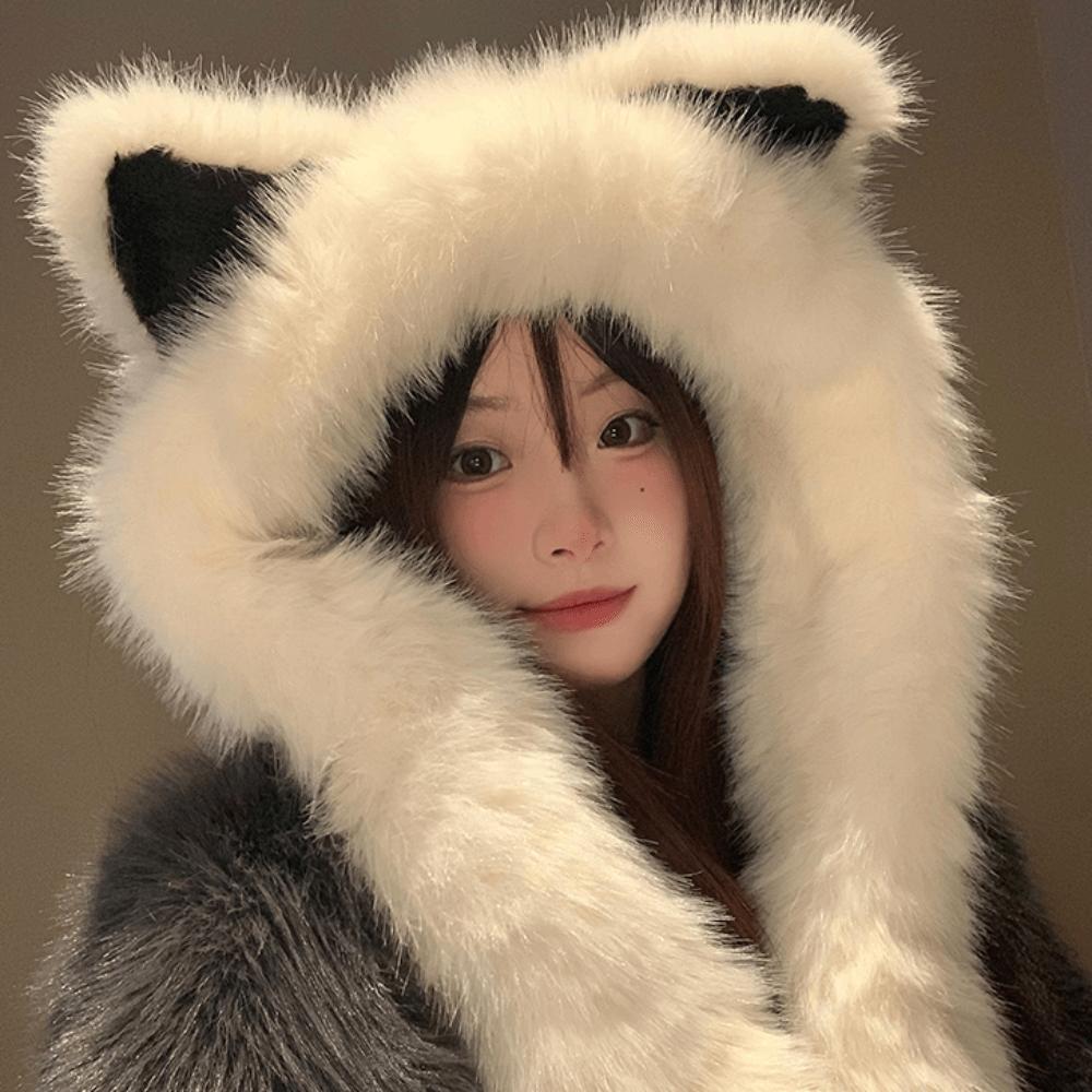 Windproof Plush Vixen Ear Beanie Hat Thicken Hooded Scarf Cute Integrated Cap Scarf Outdoor