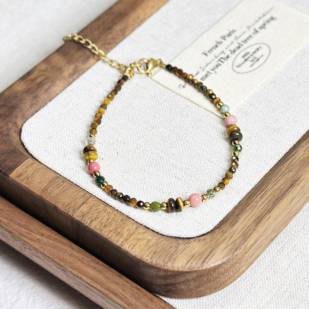 Maillard Style Natural Stone & Pearl Beaded Necklace - Tiger Eye & Pink Rose Choker