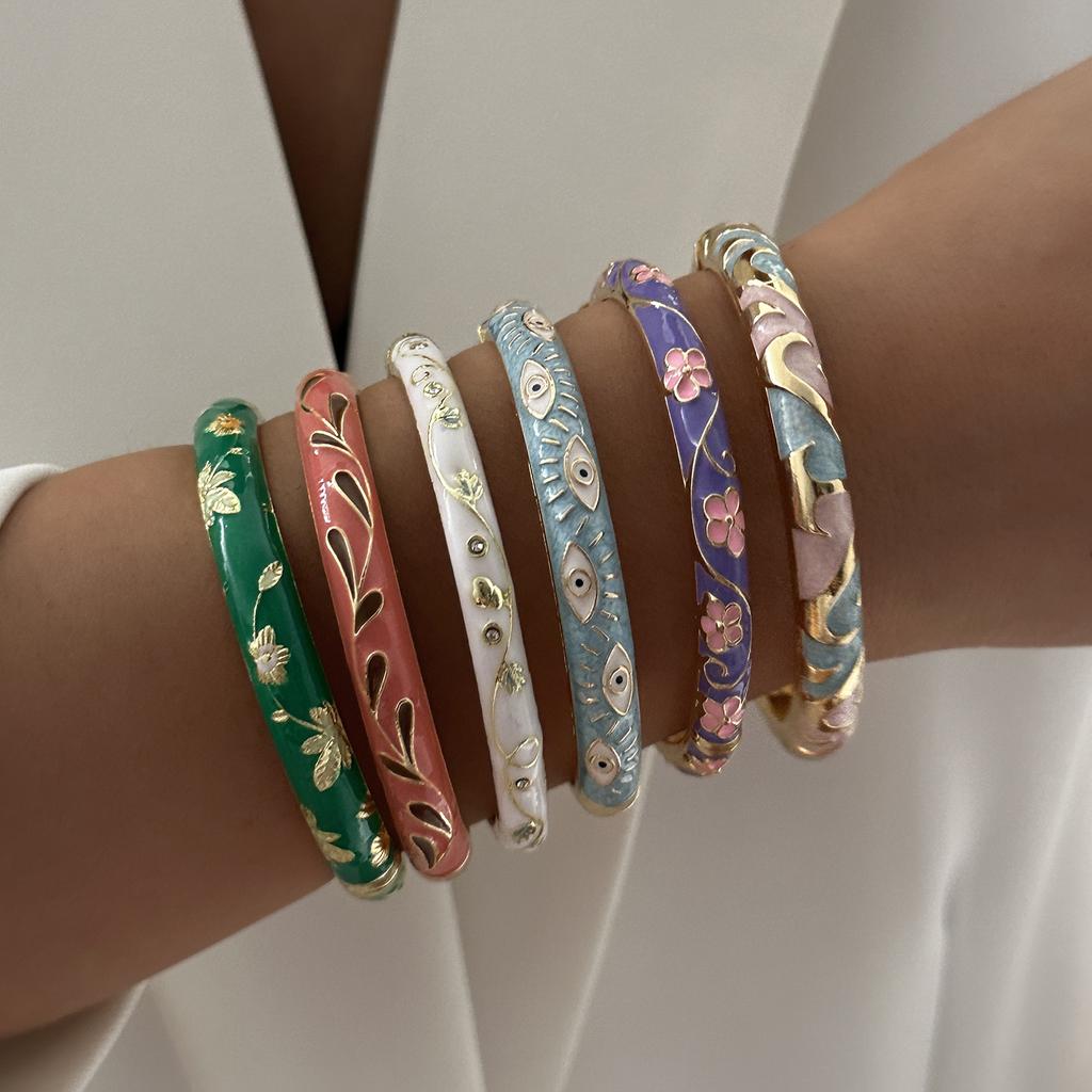 Colorful Metal Enamel Flower Bracelet For Women Ethnic Style Inlaid Zircon Floral Leaves Pattern Bangle Party Wedding Jewelry