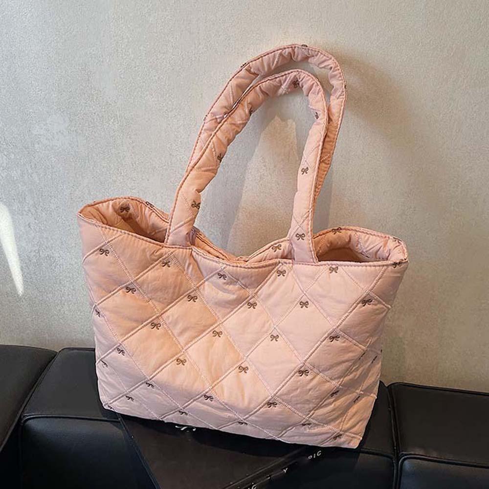 Versatile Quilted Tote Bag Sweet Bubble Shoulder Bag Cloth Bag Rhombus Plaid Handbag  Women