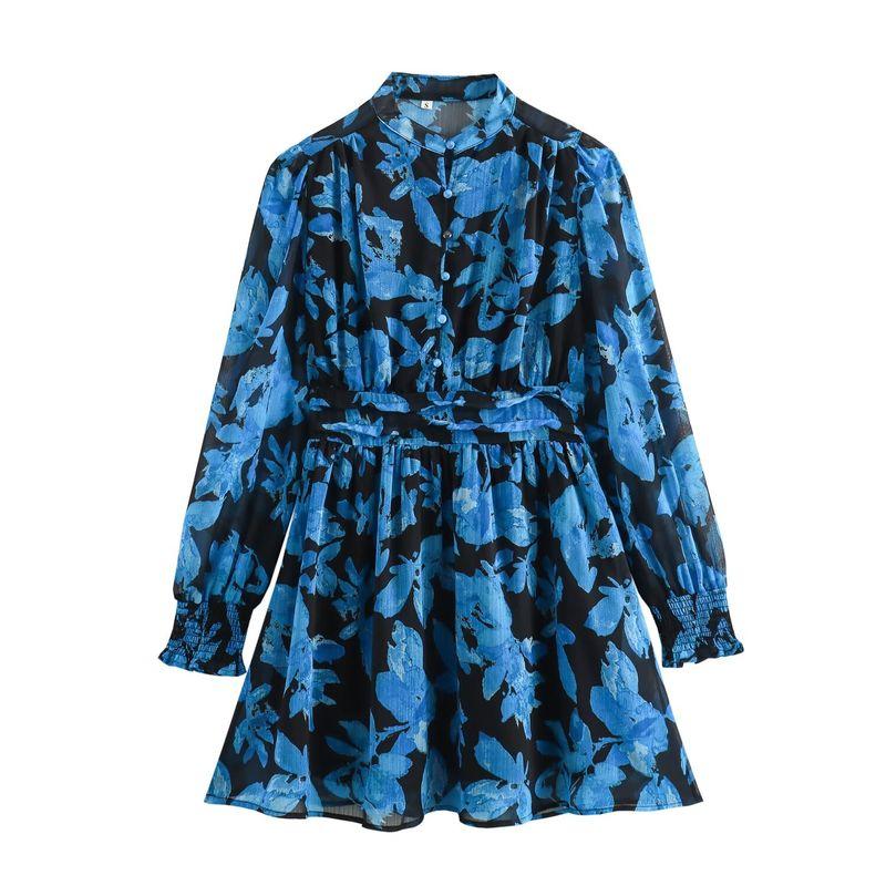 

Kaslead New Arrival Women s Clothing Fashion Style Fashion Casual Minimalist Long Sleeve Print Short Dress Blue L